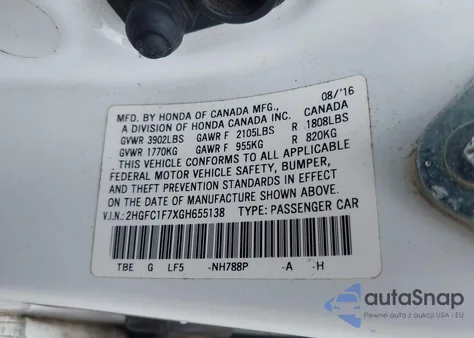 2016 Honda Civic Ex-L из США, поврежденный, VIN 2HGFC1F7XGH655138